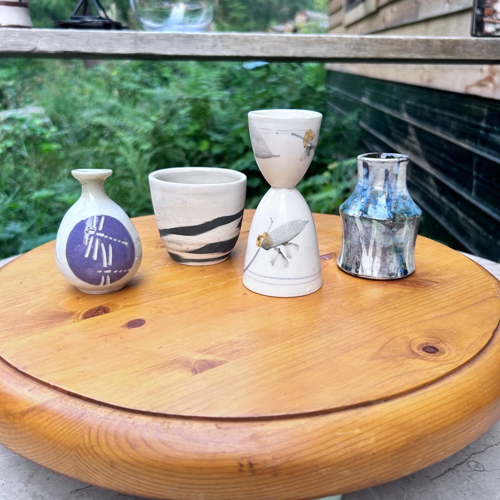 Vintage Studio Pottery Miniature Bud Vase Set White Blue Purple Small Handcrafte